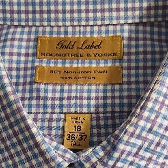 Blue Small Plaid Button Down Shirt Tall Gold Label - Picture 4 of 13